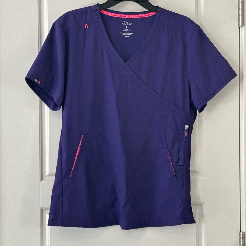 Koi Women's scrubs. Set of V-Neck Purple Top & bottoms with Pink Accents